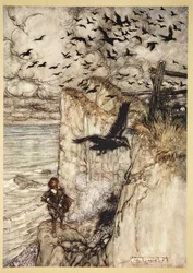 ..Russet-pated kauwen, velen in soort, Opstijgend en krassend bij het schot, illustratie uit 